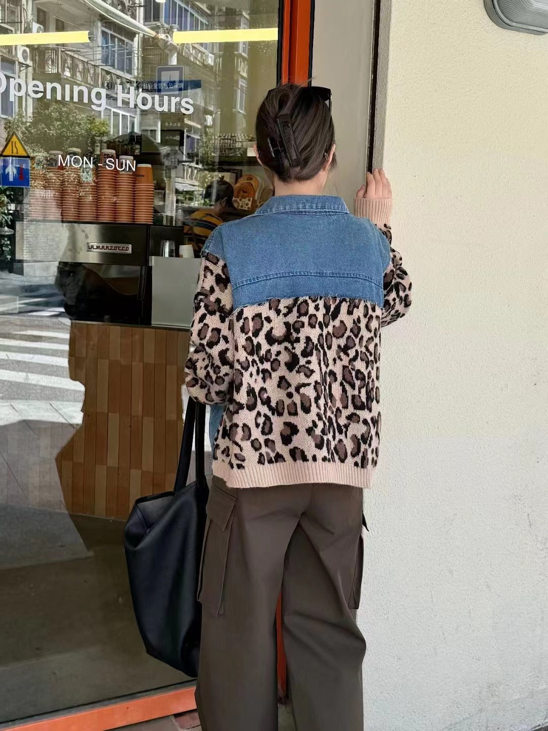 Retro Leopard Print Denim Patchwork Sweater Coat