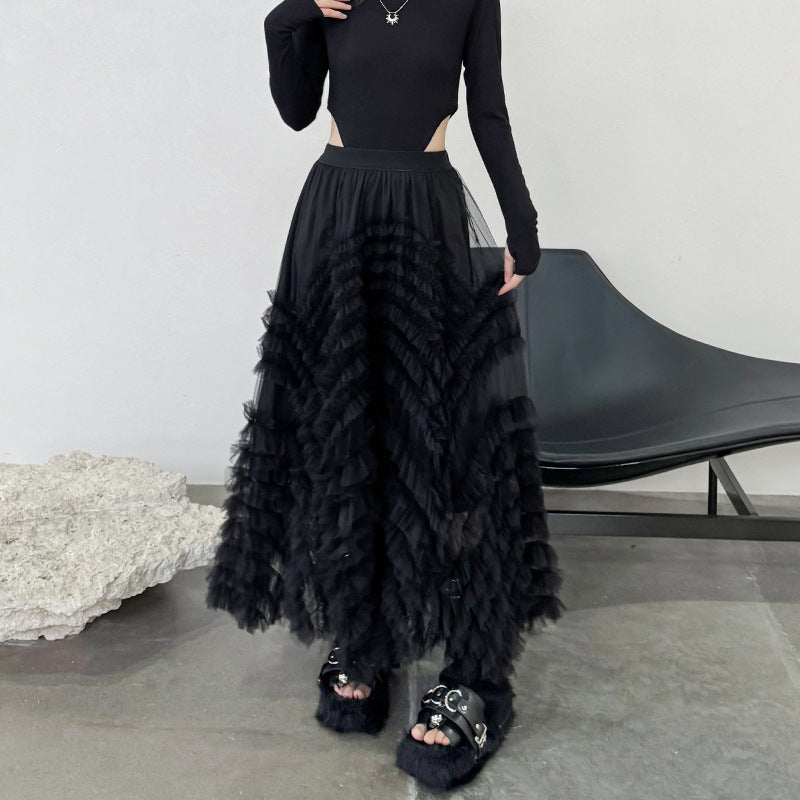Mesh Patchwork Skirt for Women – New Spring and Autumn Style, Loose and Slimming A-Line Large Umbrella Skirt