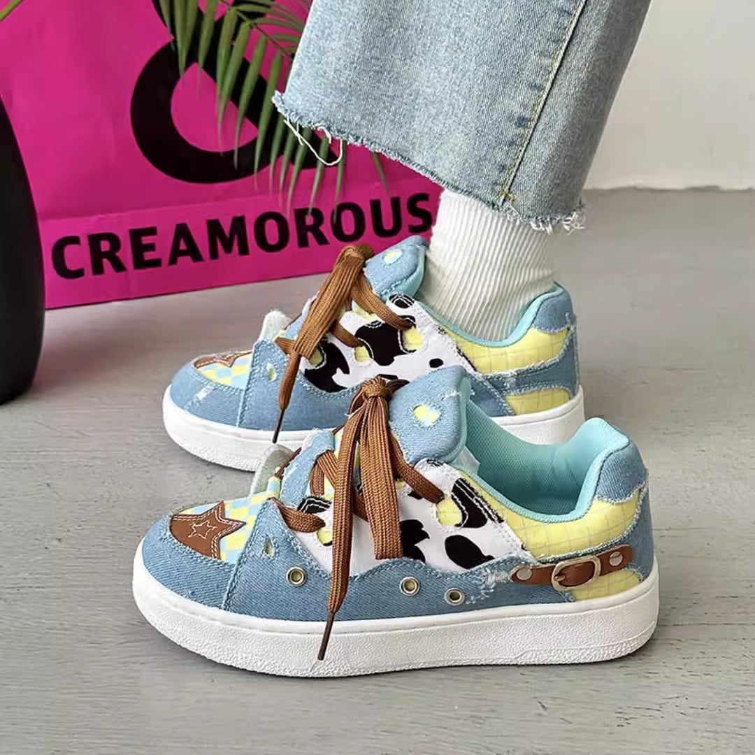 Harajuku Cow Pattern Denim Canvas Shoes