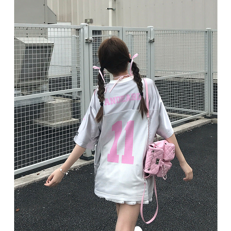 Harajuku Style Satin V-Neck Jersey T-Shirt for Women