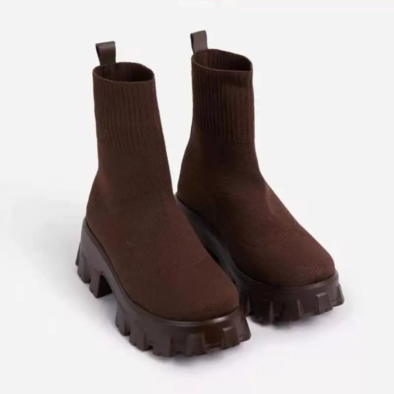 Large Size Thick Heel Black Boots - Flying Woven Casual Mid-Calf Black Boots