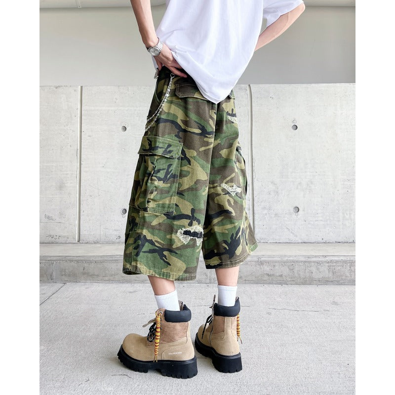 Camouflage Ripped Workwear Denim Cropped Pants