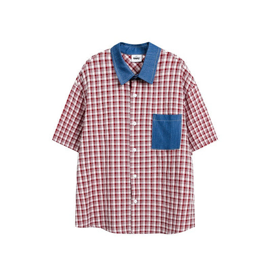 Splicing Denim Collar Patch Pocket Checkered Shirt