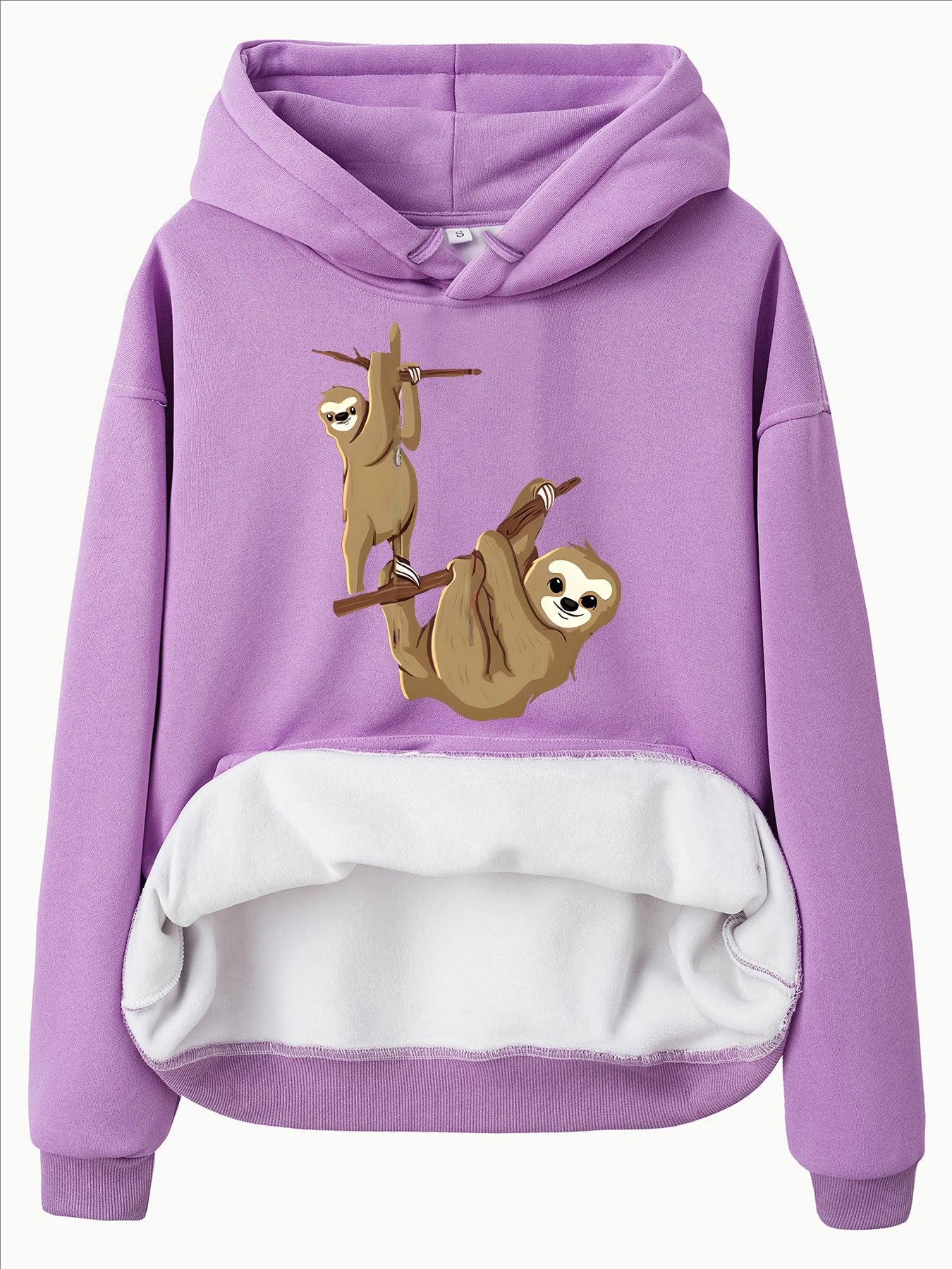 Hooded Long Sleeve Velvet Pullover with Sloth Pattern and Kangaroo Pocket