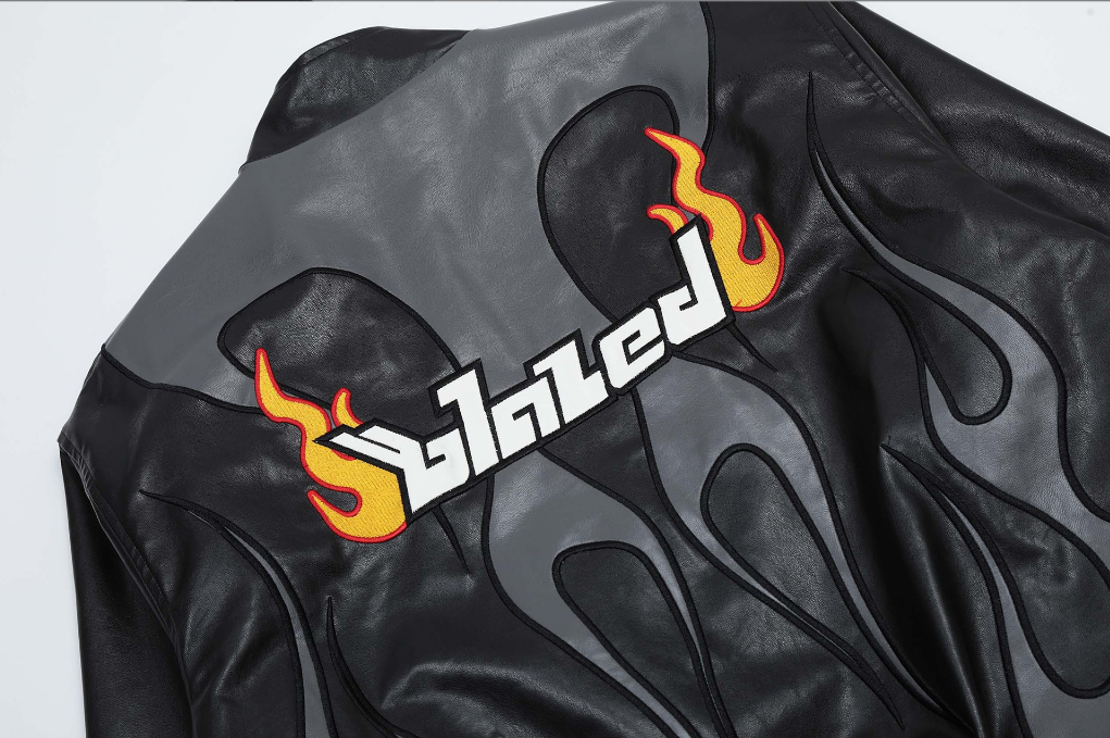 Harajuku Style Flame Letter Embroidery Leather Jacket