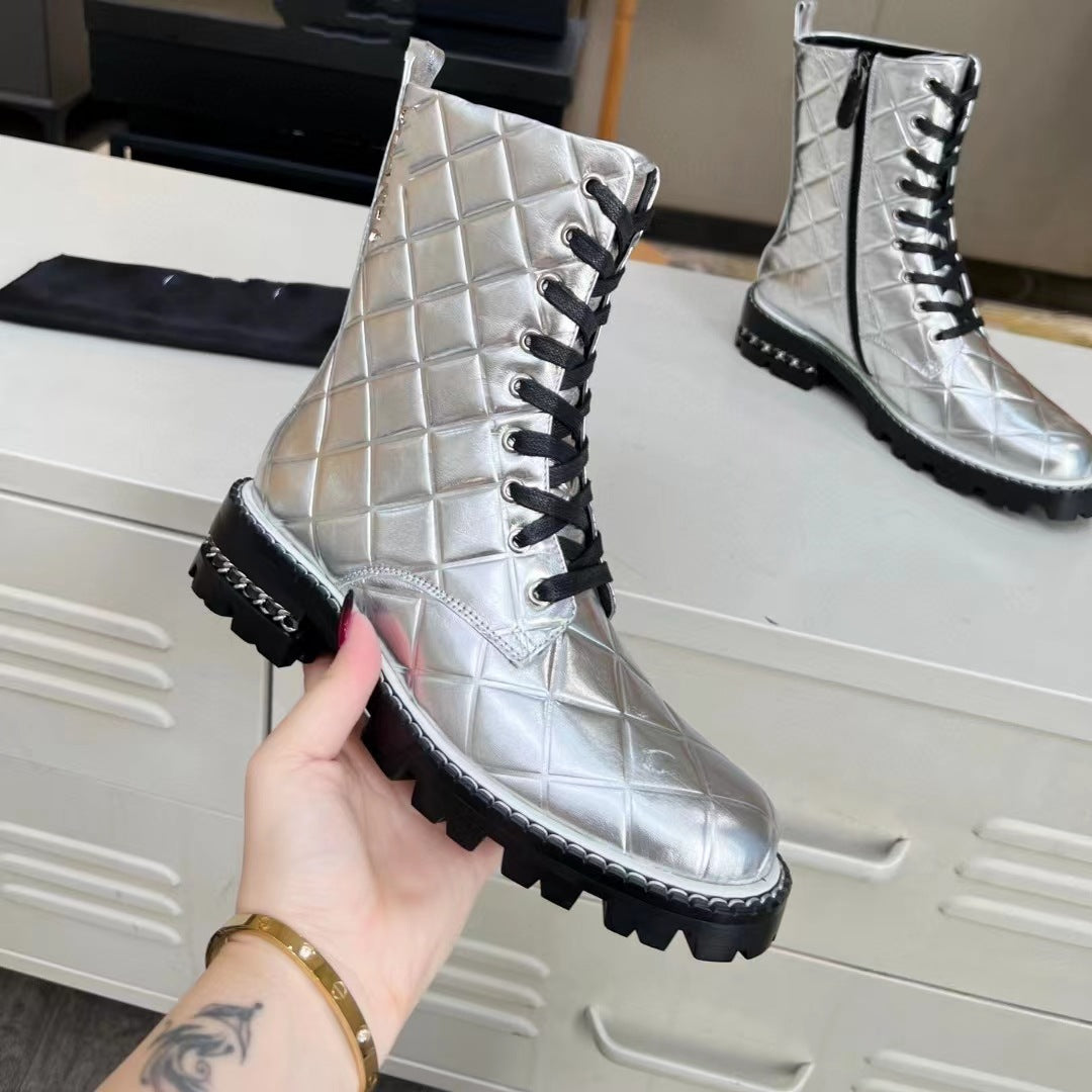 Harajuku Style Real Leather Low Heel Boots in Silvery Yellow