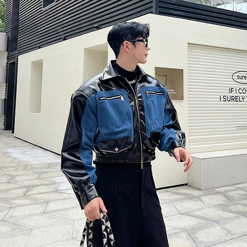 Korean Style Denim Patchwork Short Jacket for Men