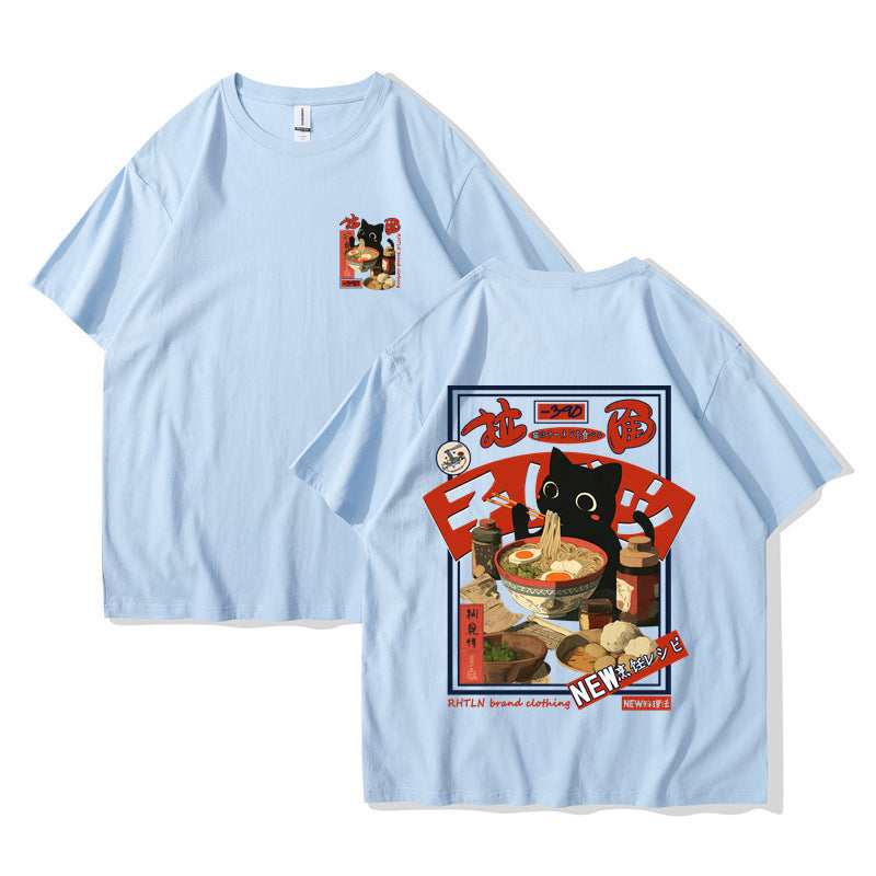 Harajuku Cat Cartoon Eating Noodles Graphic Unisex Casual Short Sleeve T-Shirt