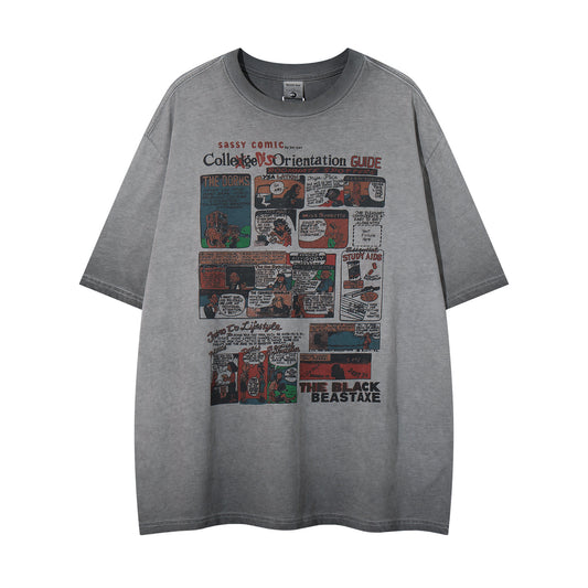 Washed Fun Cartoon Print Short Sleeve T-Shirt