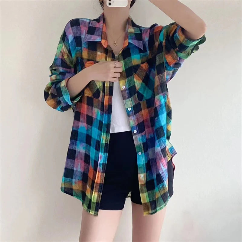 Rainbow Plaid Women’s Blouse - Harajuku Style