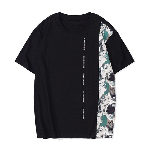Splicing Printed Pattern Short Sleeved T-Shirt