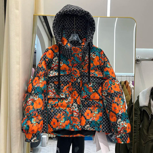 Harajuku Style Printed Down Jacket for Women