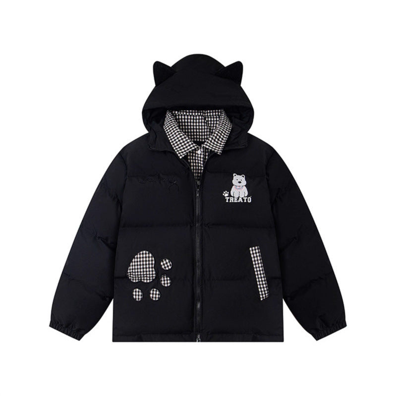 Hooded Cotton Coat Loose Fit with Embroidered Dog Warm Puffer Jacket