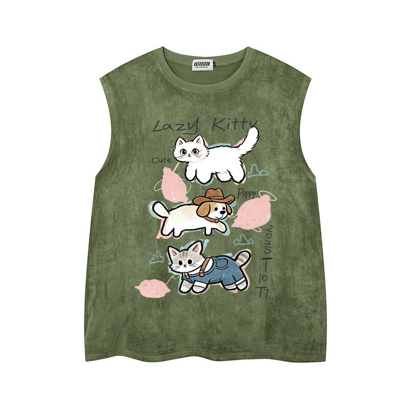 Stacked Cat & Dog Printed Vest — Harajuku Style Retro Deer Skin Velvet Vest