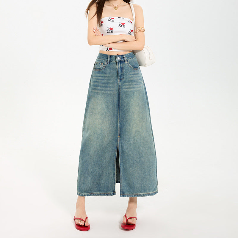 High Waist Slit Denim Skirt for Women - Mid-Length Vintage A-Line Fitted Design