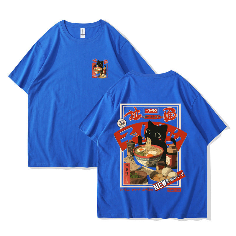 Harajuku Cat Cartoon Eating Noodles Graphic Unisex Casual Short Sleeve T-Shirt