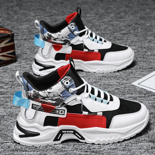 Men's High Top White Sports Shoes - Thick Sole & Stylish