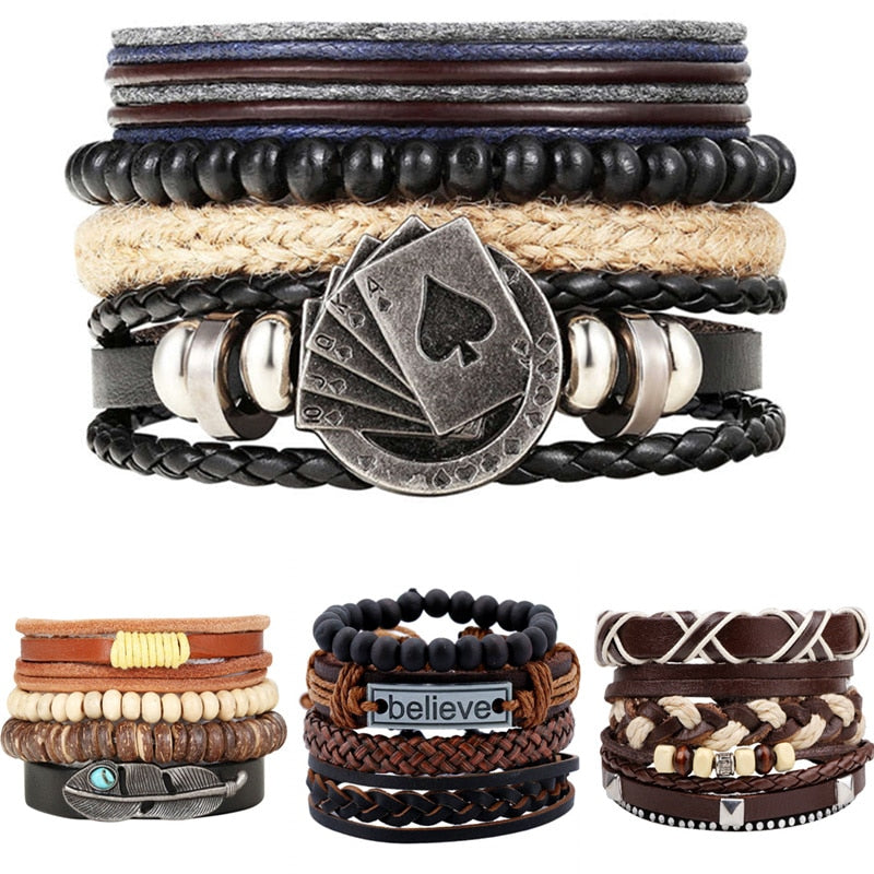 Punk Leather Lucky Spade Poker Charm Bracelet for Men