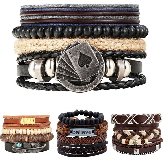 Punk Leather Lucky Spade Poker Charm Bracelet for Men
