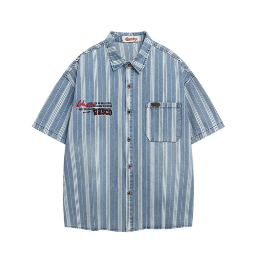Retro Washed Letter Embroidered Striped Denim Shirt