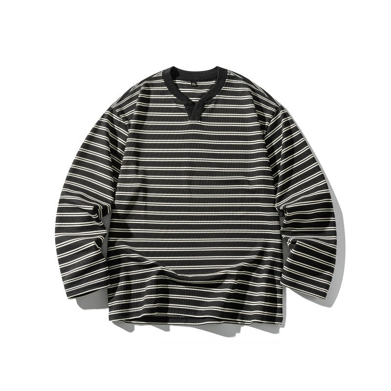 Stripe Color-block V-neck Loose Unisex Long Sleeve T-shirt
