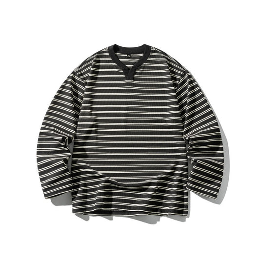 Stripe Color-block V-neck Loose Unisex Long Sleeve T-shirt
