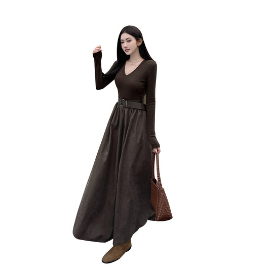 V-neck Long Sleeve Dress with Wide Waistband