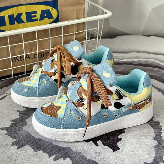 Harajuku Cow Pattern Denim Canvas Shoes