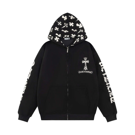 Cross Letter Print Double Hooded Open Hoodie Unisex Loose Casual Jacket