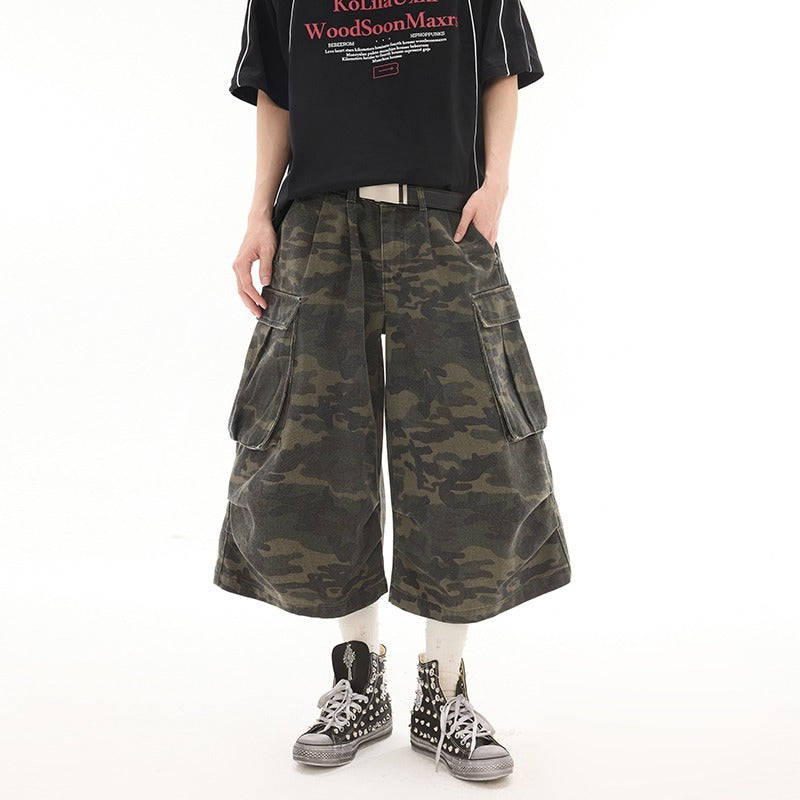 Retro Camouflage Multi Pocket Denim Shorts for Harajuku Style