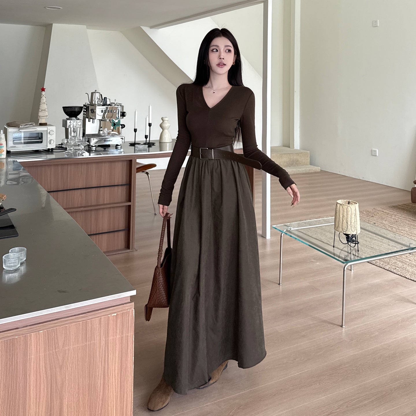 V-neck Long Sleeve Dress with Wide Waistband