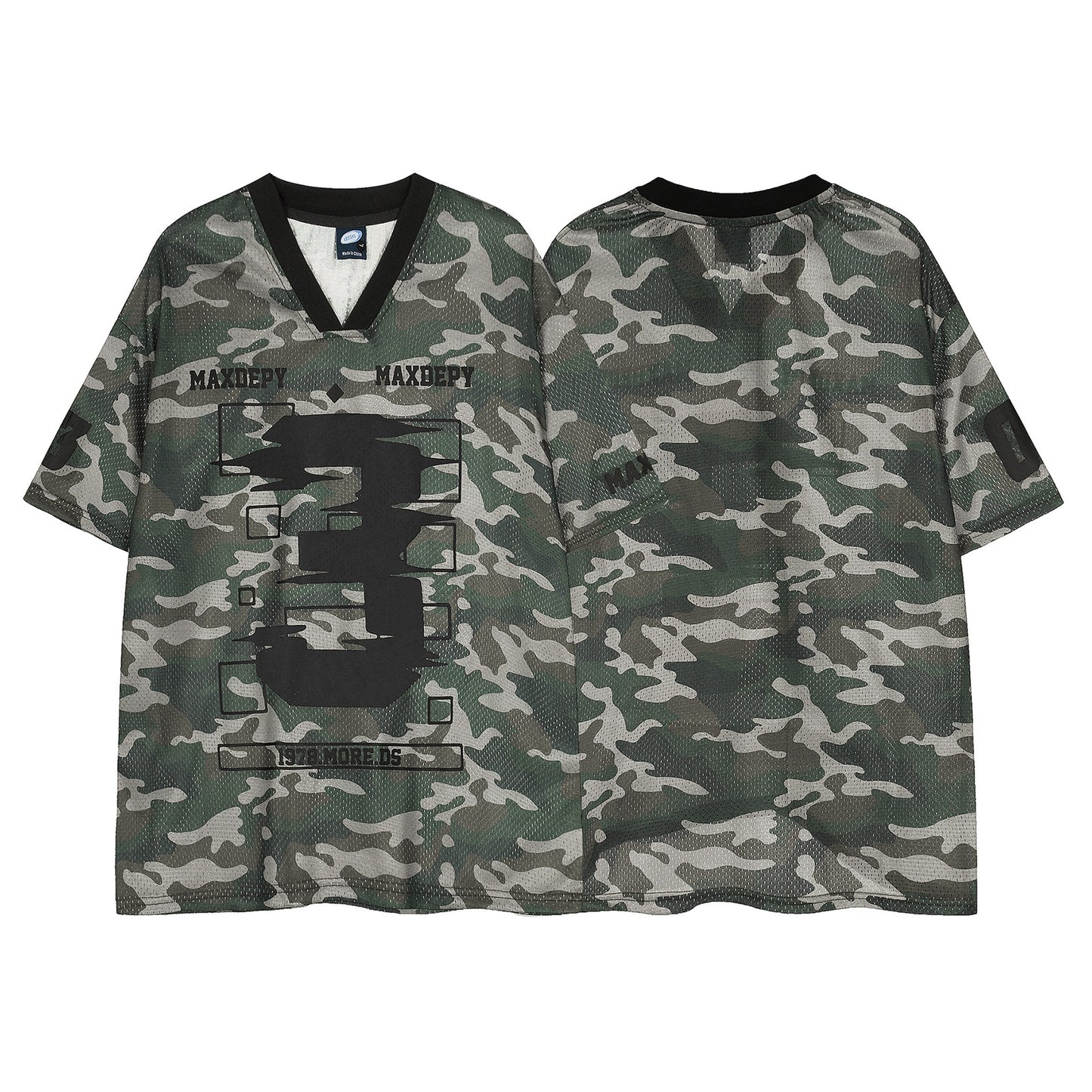 Retro Camouflage V-Neck Mesh T-Shirt