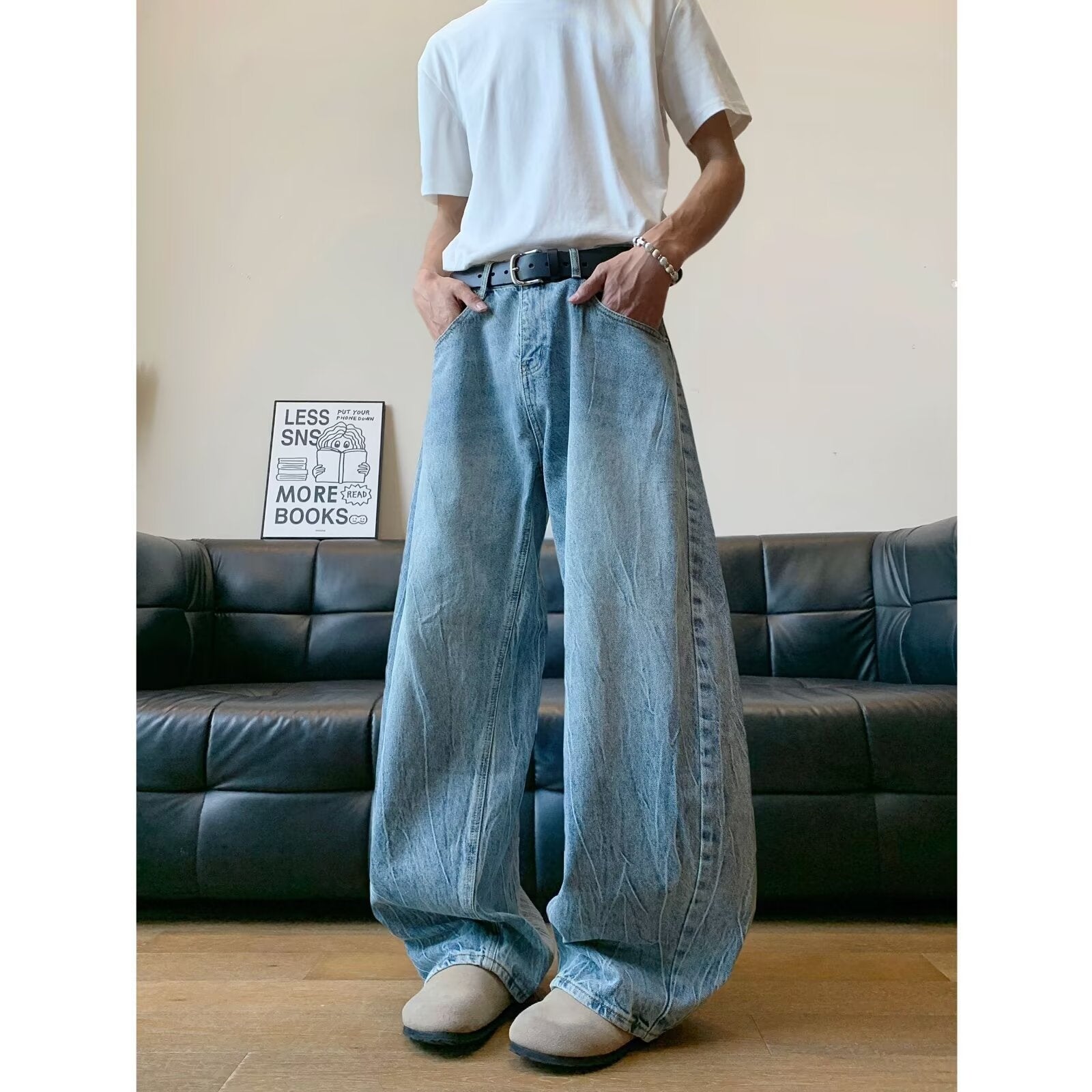 Curved Knife Denim Wide Leg Banana Pants