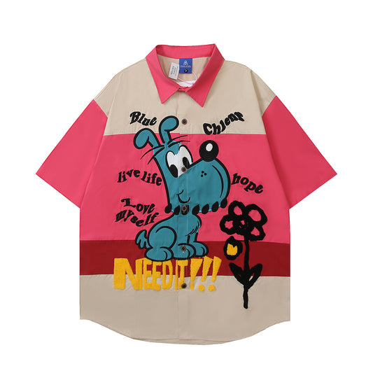 Retro Cartoon Embroidery Color Block Short Sleeve Shirt