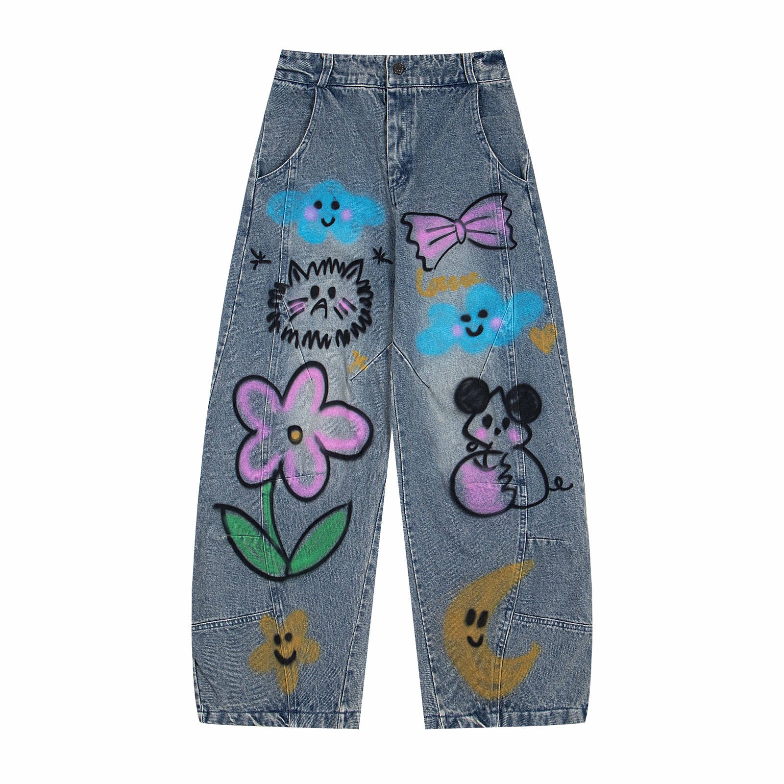 Playful Cartoon Graffiti Wide Leg Jeans