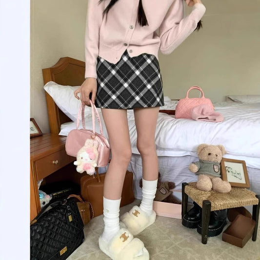 Retro Red Wool Plaid Skirt Women's High Waist A-Line Pencil Short Skirt