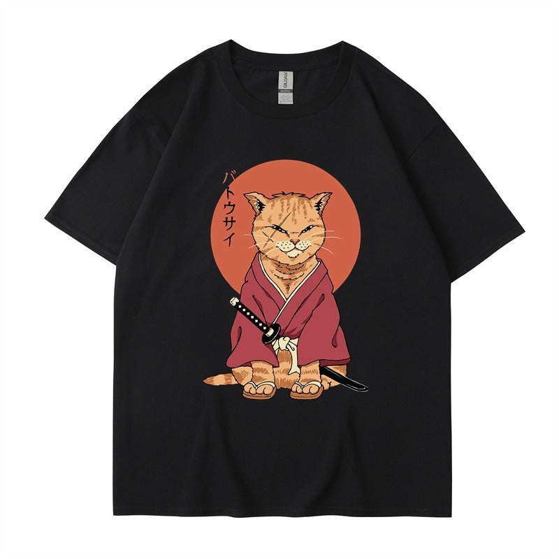 Cute Ninja Cat Print T-Shirt for Men and Women, Cool Summer Short Sleeved Round Neck T-Shirt