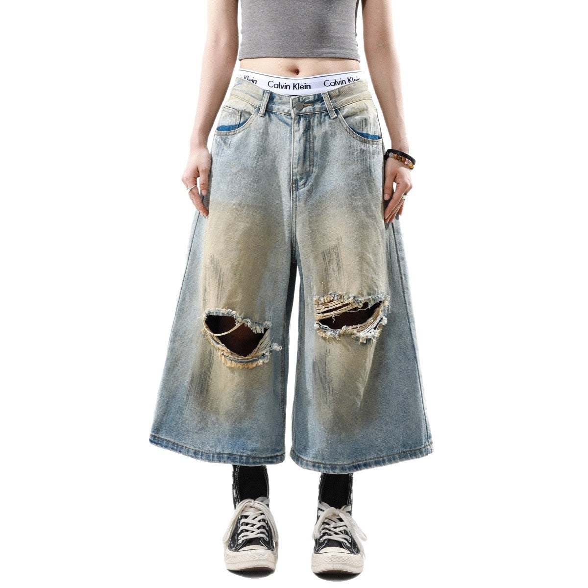 Hiphop Washed Ripped Loose Cropped Pants