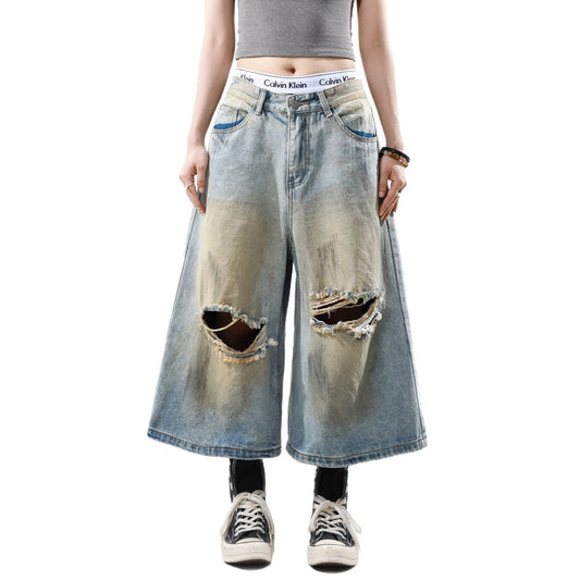 Hiphop Washed Ripped Loose Cropped Pants