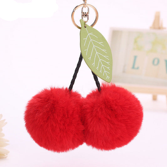 Cute Faux Rabbit Fur Ball Pompom Cherry Keychain Fluffy Pompon Key Chain Pom Pom Toy Keyring Bag Charms Car Trinket