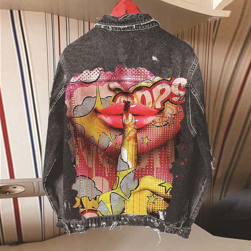 Playful Tongue Out Print Denim Jacket