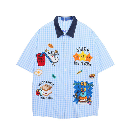 Playful Cartoon Embroidery Plaid Short Sleeve Shirt