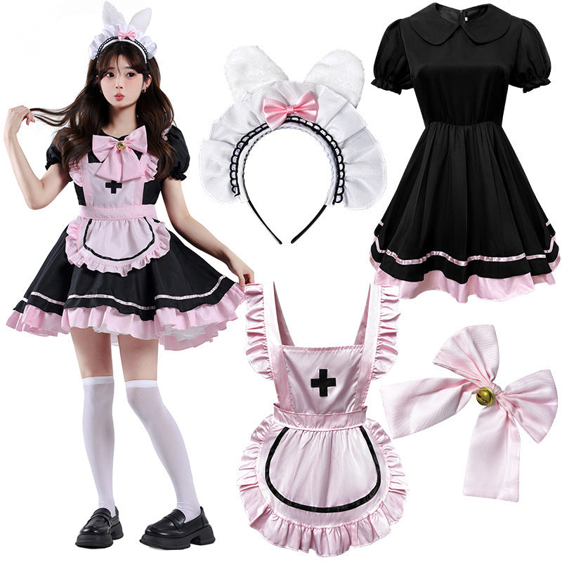 Room Coffee Lolita Black-and-Pink Maid Cosplay Cute Cat Bow Dress