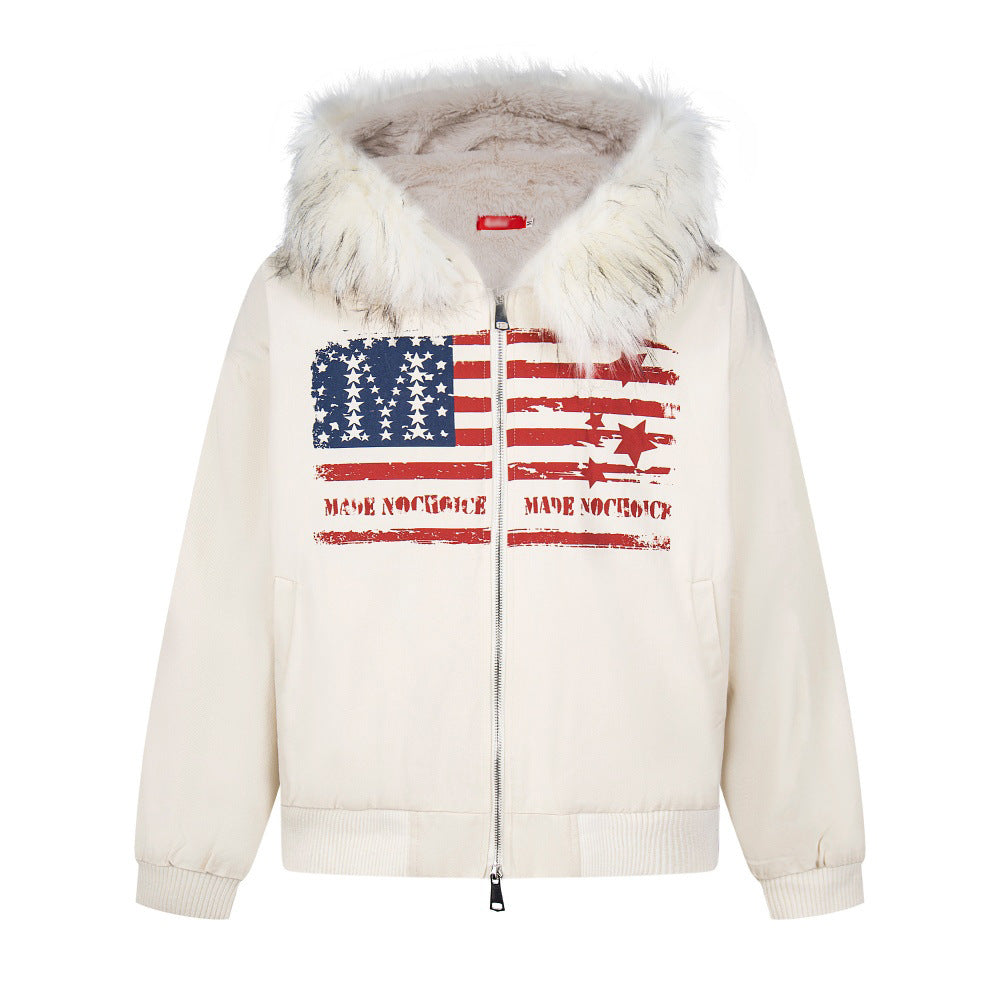 Camouflage Fur Collar Hooded Sweatshirt Cotton Jacket