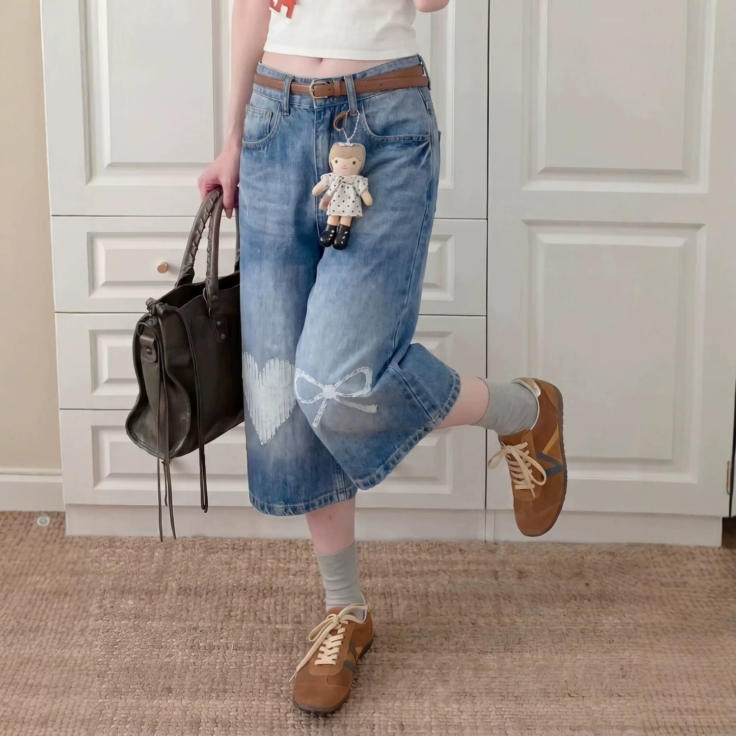Harajuku Design Jeans Washed Bleached Loose Straight Leg Drape Wide Leg Pants - XGN-D112 Blue