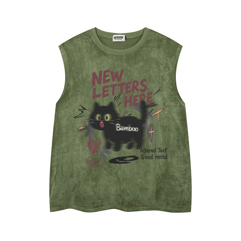Shocking Black Cat Printed Tank Top — Harajuku Style Retro Loose-Fit Tank (Black, Pink, Apricot, Green)