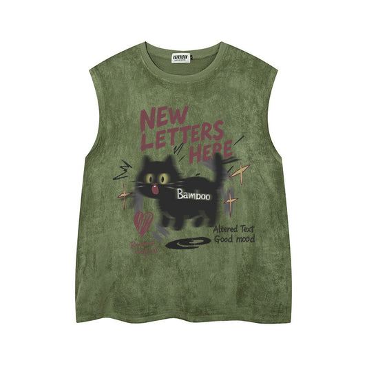 Shocking Black Cat Printed Tank Top — Harajuku Style Retro Loose-Fit Tank (Black, Pink, Apricot, Green)