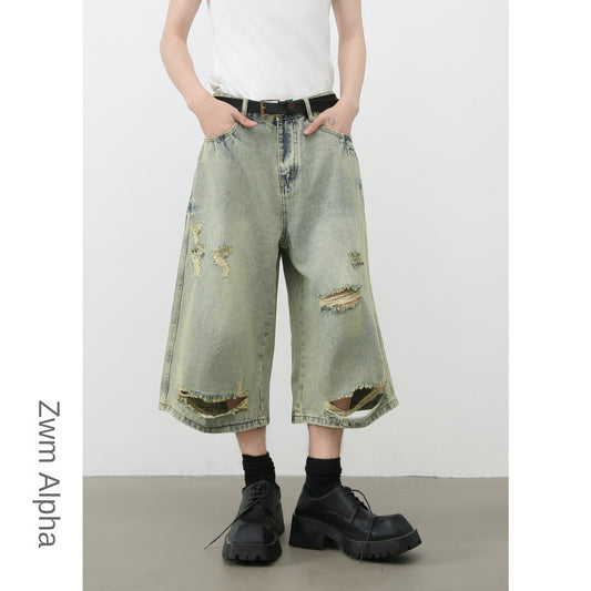 Retro Distressed Denim Shorts for Men - Harajuku Street Style