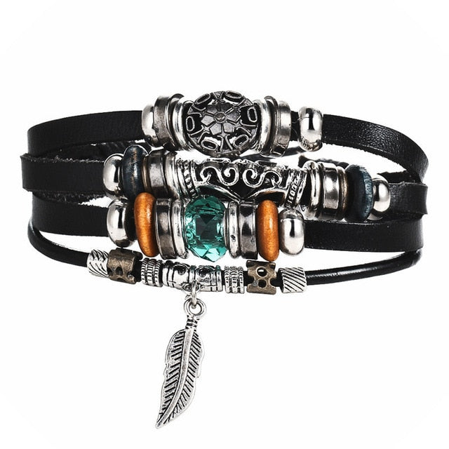 2 pcs Tibetan Stone Feather Multilayer Leather Bracelet Set
