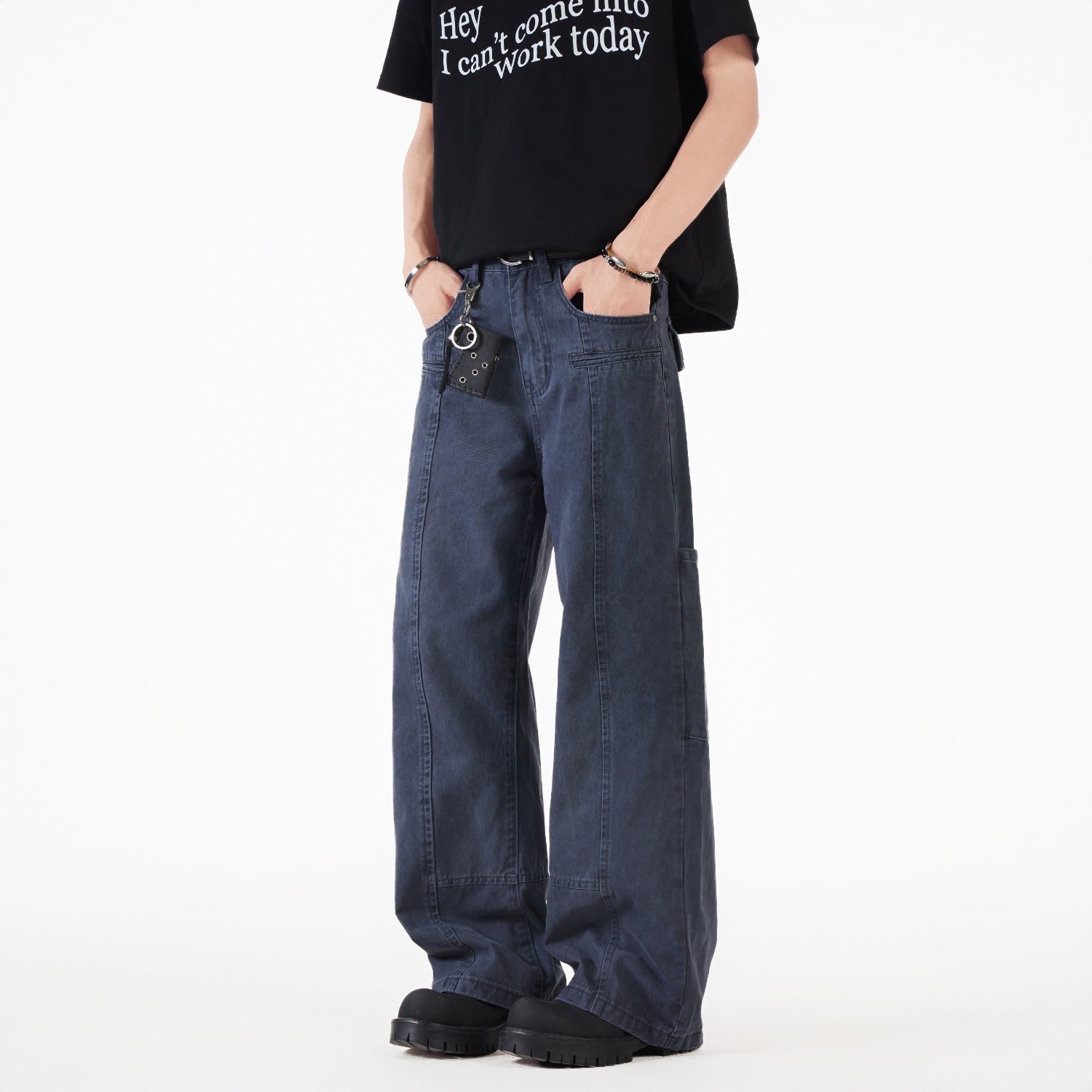 Casual Wide Leg Denim Jeans in Military Green & Ash Gray
